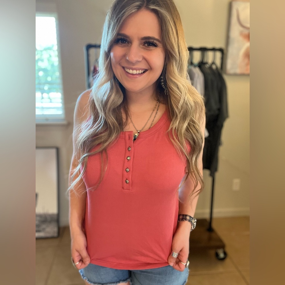 Ribbed Henley Tank Top in Coral Pink